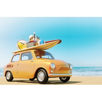 Small retro car with baggage beach equipment